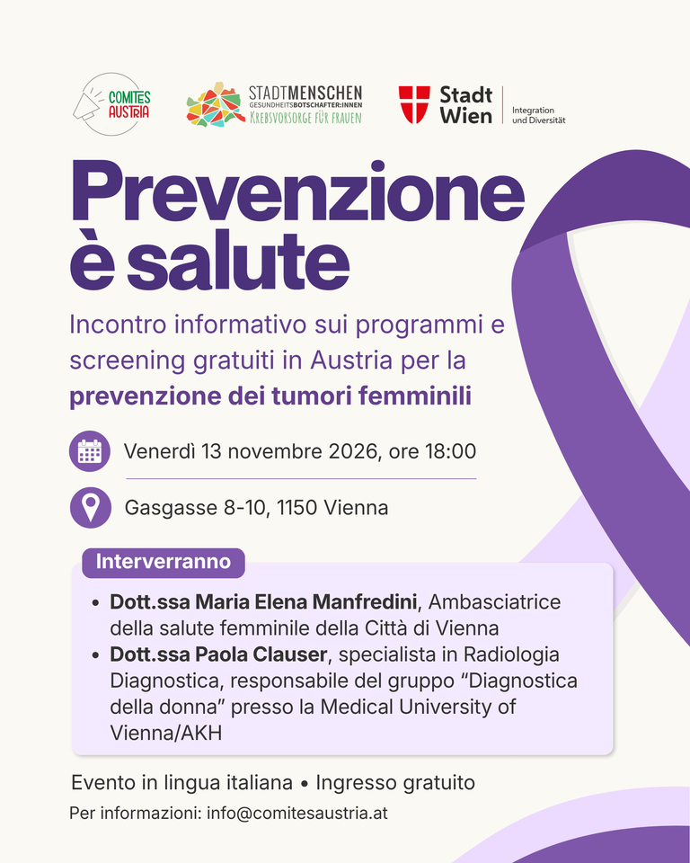 “Prevenzione è salute” – Incontro informativo sui programmi e screening gratuiti in Austria per la prevenzione dei tumori femminili